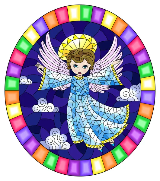 Illustration in stained glass style with cartoon  angel in blue dress against the cloudy sky,round image in bright frame — Stock Vector