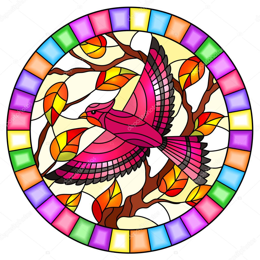 Illustration in the style of stained glass with a beautiful pink bird  on a  background of branch of tree ,oval image in bright frame