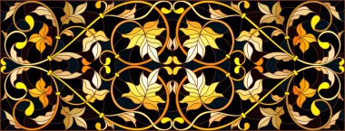 Çiçek süsleme stiliyle vitray, imitasyon altın swirls ve bitkisel motifler ile koyu arka plan üzerinde resimde