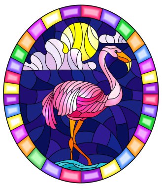 Flamingo ile renklendirilmiş cam bir resim Ay 'da, gökyüzünde ve bulutlarda bir gölet, oval görüntü parlak çerçevede