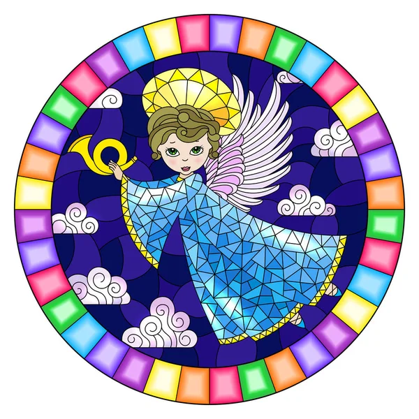 Illustration en vitrail avec ange dessin animé en robe bleue jouant de la corne contre le ciel nuageux, image ronde dans un cadre lumineux — Image vectorielle