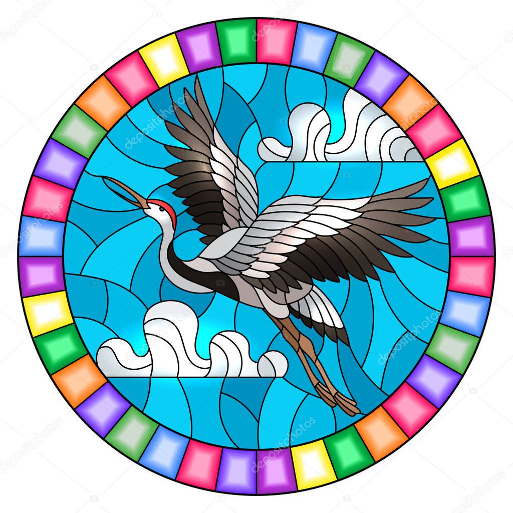 Illustration in stained glass style crane bird on the background of sky and clouds, round image in bright frame