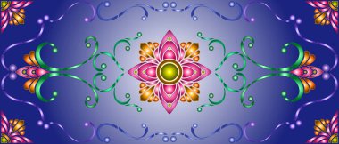 Mavi arka planda soyut girdaplar, çiçekler ve yapraklar ile boyalı cam tarzında resim, yatay yönelim