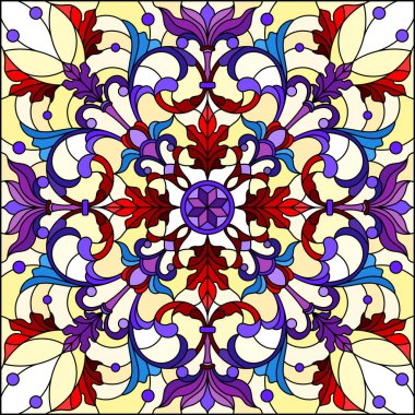 Vitray stil, çiçek süs eşyaları ve swirls ile kare ayna görüntüsü, sarı zemin üzerine kırmızı ve mor desen illüstrasyon