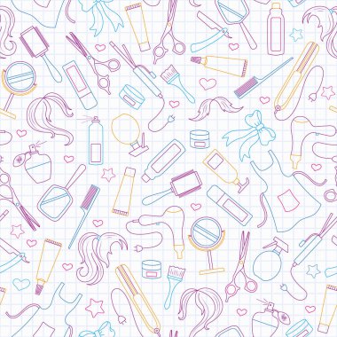 Dikişsiz desen Berber Dükkanı, araçları ve aksesuarları Kuaför konulu basit kontur simgeleri ile çizilir işaretleri bir kafes içinde temiz yazma kitap sayfası renkli