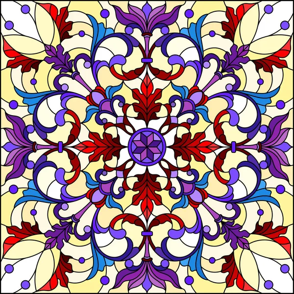 Illustration dans le style vitrail, image miroir carré avec ornements floraux et tourbillons, motifs rouges et violets sur fond jaune — Image vectorielle