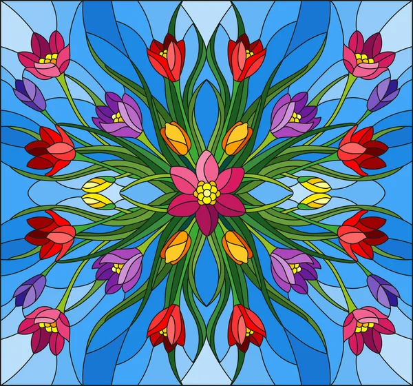 Illustration in stained glass style with floral arrangement, colorful Crocuses on a blue background — Stock Vector