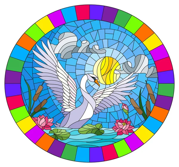 Ilustração em estilo vitral com cisne, flores de lótus e juncos em uma lagoa ao sol, céu e nuvens, imagem oval em quadro brilhante — Vetor de Stock