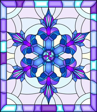 Parlak bir çerçeve içinde mavi renkli kar taneleri ile boyalı cam tarzında bir resim 