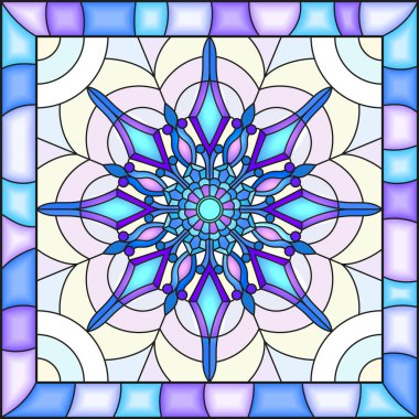 Parlak bir çerçeve içinde mavi renkli kar taneleri ile boyalı cam tarzında bir resim 