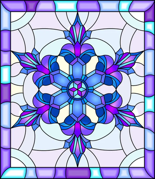 Parlak bir çerçeve içinde mavi renkli kar taneleri ile boyalı cam tarzında bir resim 