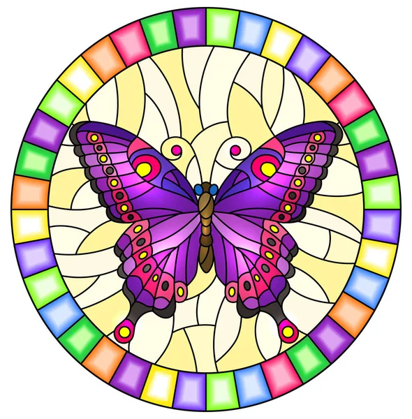 黄色の背景に鮮やかな紫色の蝶とステンドグラスのスタイルのイラスト、明るいフレーム内の楕円形の画像 — ストックベクタ