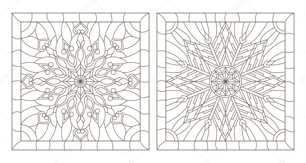 Set contour illustrations of stained glass with snowflakes in the framework of, square image