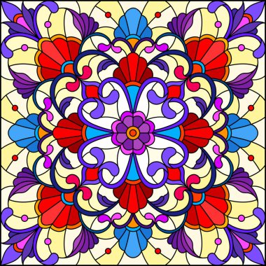 Vitray stil, çiçek süs eşyaları ve swirls ile kare ayna görüntüsü, sarı zemin üzerine kırmızı ve mor desen illüstrasyon