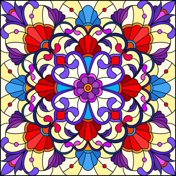 Illustration in stained glass style, square mirror image with floral ornaments and swirls,red and purple patterns on yellow background — Stock Vector