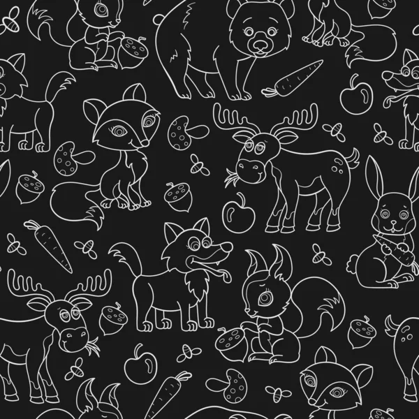 Płynny wzór z kreskówkowymi zwierzętami leśnymi, konturowe, lekkie bestie na ciemnym tle — Wektor stockowy
