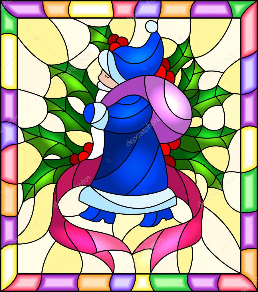 Illustration in stained glass style for New year and Christmas, Santa Claus, Holly branches and ribbons on a yellow background in a bright frame