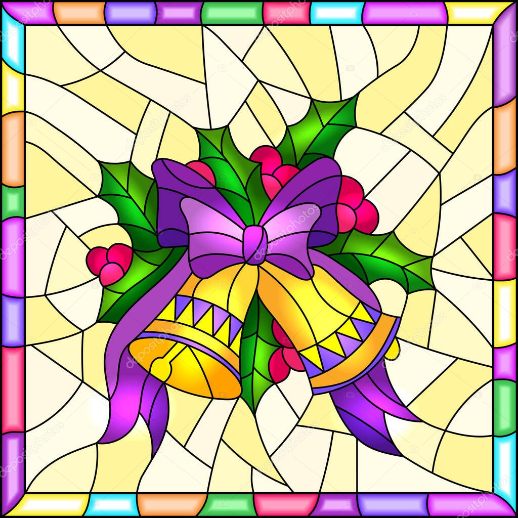 Illustration in stained glass style for New year and Christmas, bells, Holly branches and ribbons on a yellow background in a bright frame