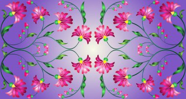 Mor arka planda, yatay yönelimli soyut pembe çiçeklerle renklendirilmiş cam tarzı bir resim