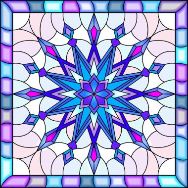 Parlak bir çerçeve içinde mavi renkli kar taneleri ile boyalı cam tarzında bir resim 