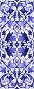 İllüstrasyon soyut swirls, vitray tarzında çiçekler ve hafif bir arka plan üzerinde dikey yönlendirme gama mavi yaprakları