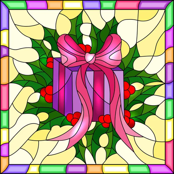 Ilustración en estilo vitral para Año Nuevo y Navidad, caja de regalo, ramas Holly y cintas sobre un fondo amarillo en un marco brillante — Vector de stock