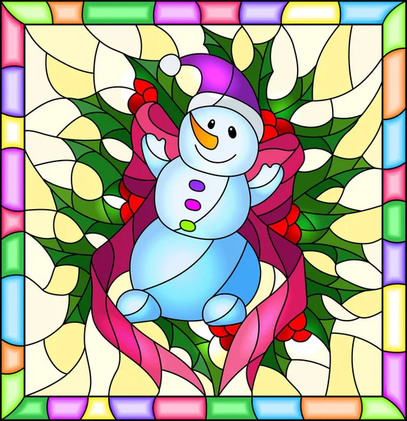 Ilustración en estilo vitral para Año Nuevo y Navidad, muñeco de nieve, ramas de acebo y cintas sobre un fondo amarillo en un marco brillante — Vector de stock