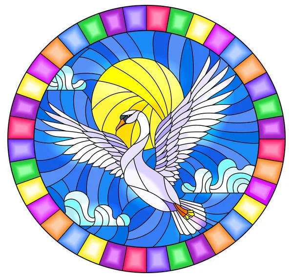 A ilustração em pintura estilo vitral com um cisne branco voador no fundo do céu, sol e nuvens, a imagem oval do quadro brilhante —  Vetores de Stock