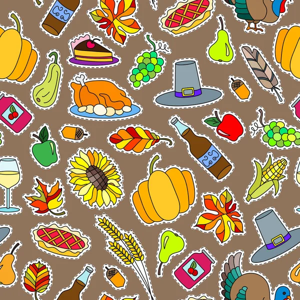 Seamless pattern for holiday Thanksgiving day, a simple hand-drawn coloured patches on a brown background