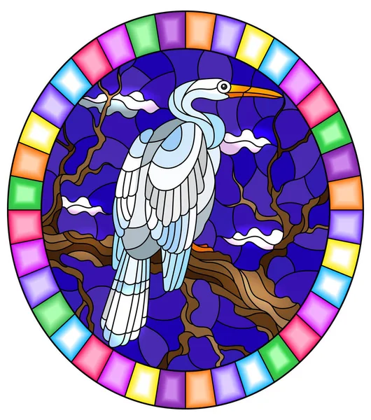 Ilustración en estilo vitral con un pájaro garza blanca sentado en un árbol sobre un fondo de pantano y cielo, imagen ovalada en marco brillante — Vector de stock