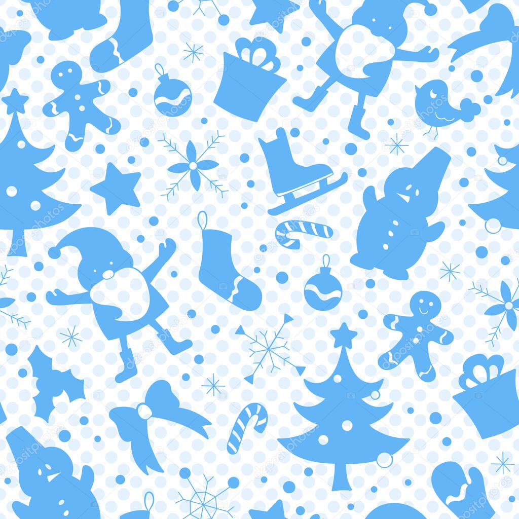 Seamless pattern on the theme of New year and Christmas, simple blue silhouettes icons on a blue background polka dot