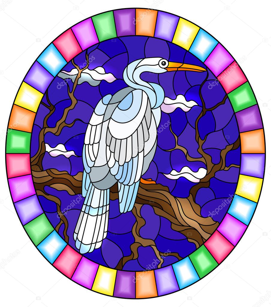 Illustration in stained glass style with a white  Heron bird sitting on a tree on a background of swamp and sky, oval image in bright frame