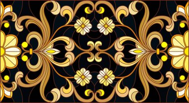 Çiçek süsleme stiliyle vitray, imitasyon altın swirls ve bitkisel motifler ile koyu arka plan üzerinde resimde