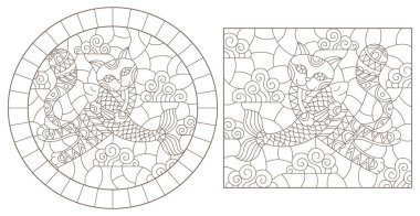 Sevimli çizgi kediler bulut arka plan üzerinde beyaz bir arka plan üzerinde koyu konturlar ile Windows vitray kontur resimler ayarla