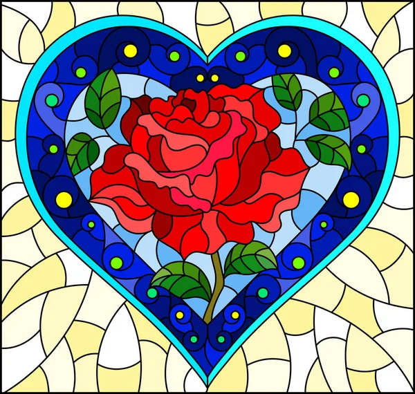 Illustration en style vitrail avec coeur bleu vif et fleur de rose rouge sur fond jaune — Image vectorielle