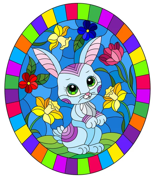 Illustration i färgat glas stil med en söt tecknad blå kanin på en bakgrund av ljusa blommor, rund bild i ljus ram — Stock vektor