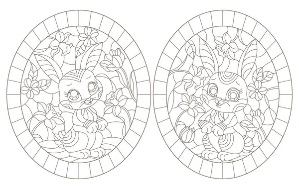 Ensemble d'illustrations de contour en style vitrail avec lapin dessin animé mignon sur fond de fleurs, contours sombres sur fond blanc — Image vectorielle