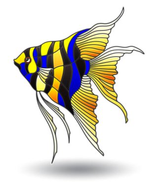 Lekelenmiş cam elementli resim, beyaz arkaplanda izole edilmiş parlak skaler balık