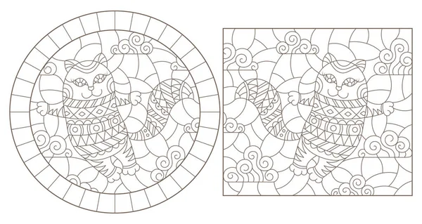 かわいい漫画猫雲の背景に白い背景に暗い輪郭とステンド グラス窓の輪郭のイラストのセットします。 — ストックベクタ