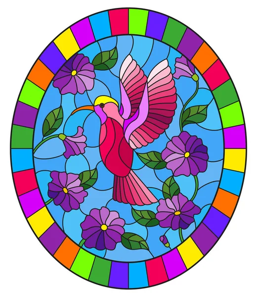 Ilustrace ve stylu barevného skla s větví fialových květů a jasně růžový pták kolibřík na modrém pozadí, kulatý obraz v jasném rámu — Stockový vektor