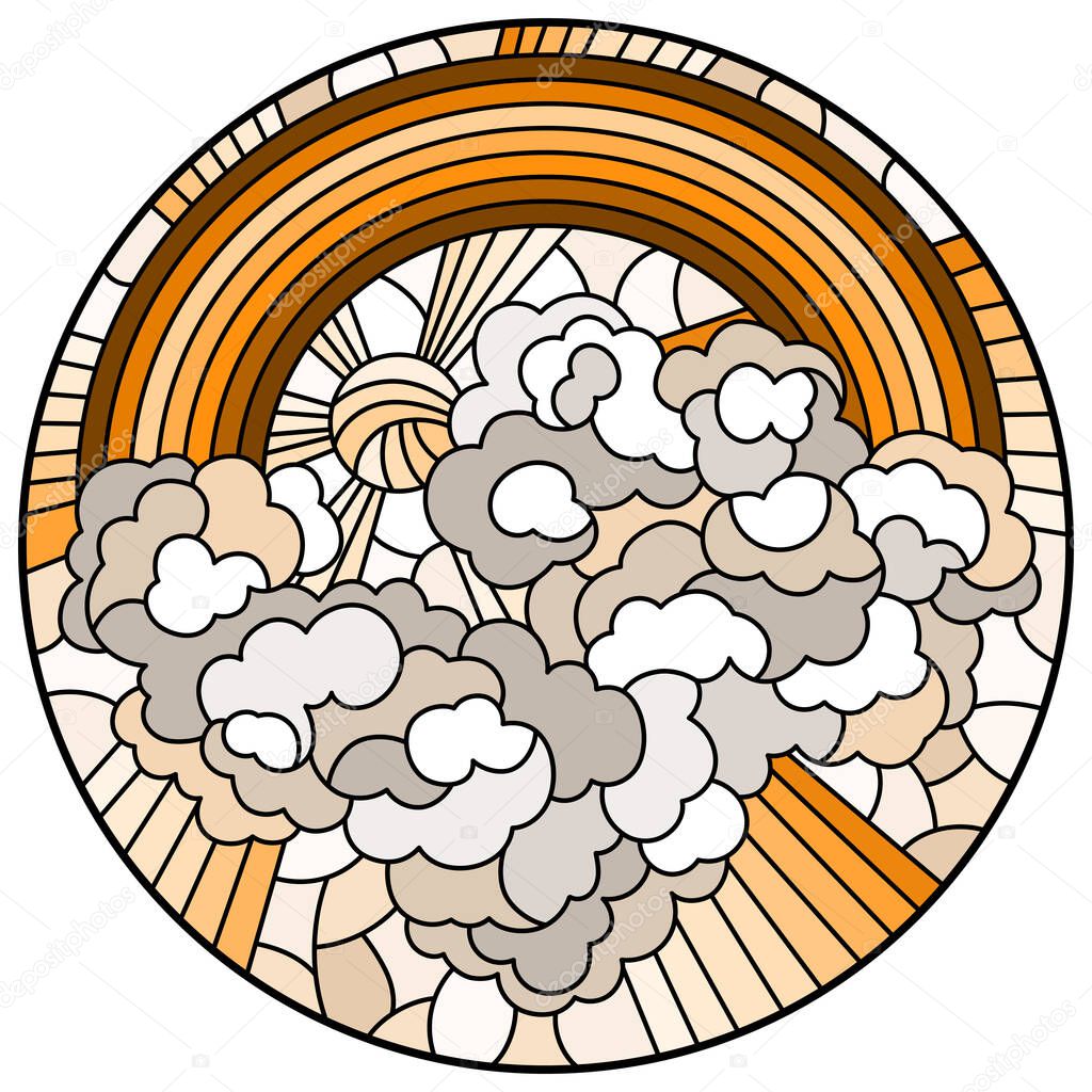 Illustration in stained glass style with celestial landscape, sun and clouds on rainbow background, round image, tone brown sepia