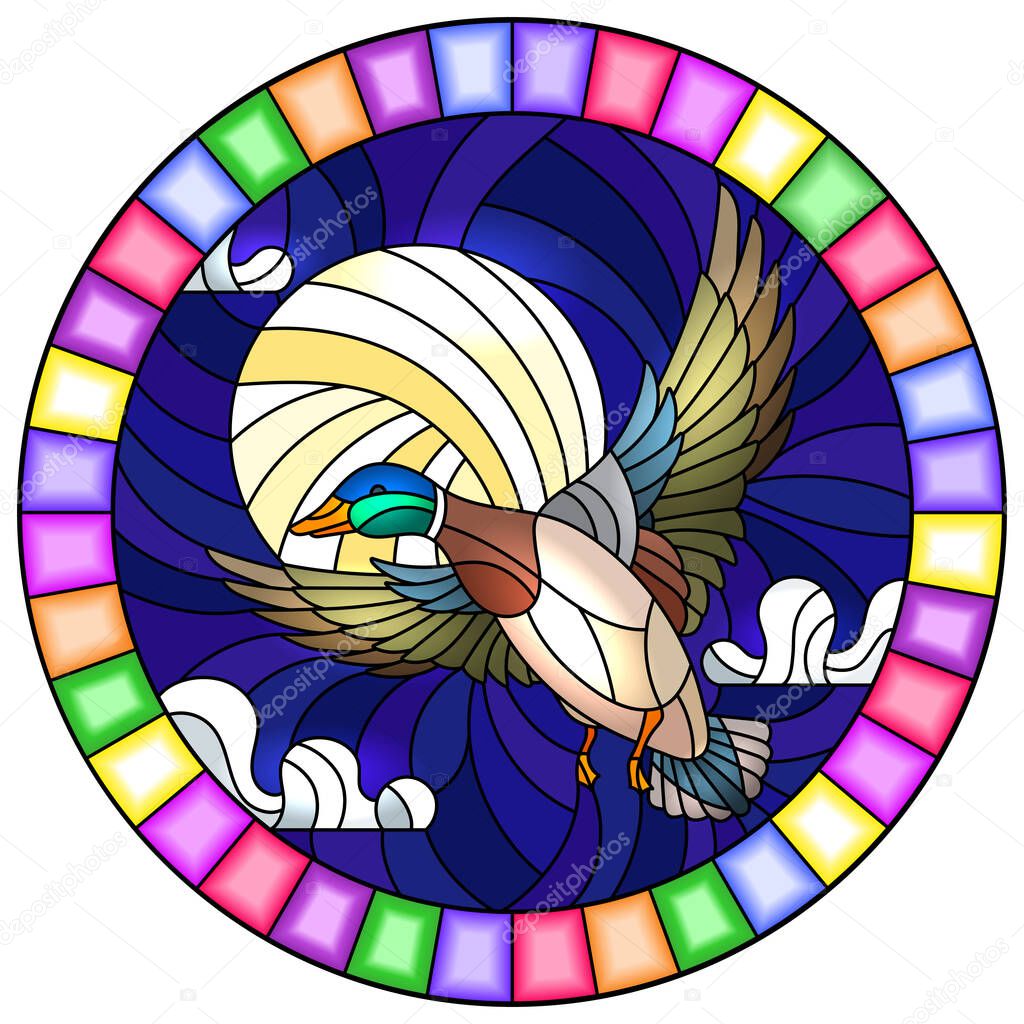 The illustration in stained glass style painting with a flying duck on the background of sky, moon and clouds, the oval image of the bright frame