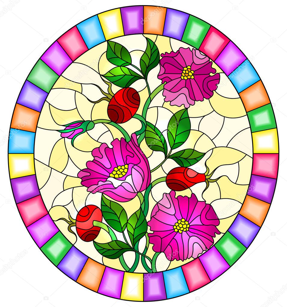 Illustration in stained glass style with flowers , berries and leaves of wild rose on a yellow background , oval image in bright frame 