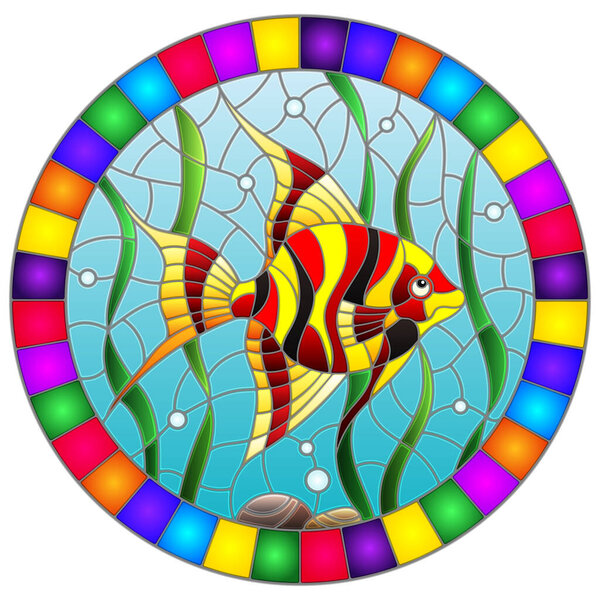 Иллюстрация в витражном стиле яркие рыбьи скаляры на фоне воды и водорослей, овальное изображение в яркой рамке
