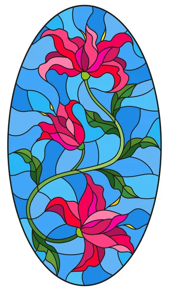 Illustration en vitrail avec une fleur de Lys rose sur fond bleu, image ovale — Image vectorielle