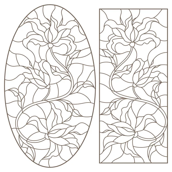 一套带有彩色玻璃花朵排列的等高线插图，百合花，白色背景上的深色轮廓 — 图库矢量图片