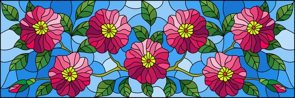 Illustratie in glas-in-lood stijl met bloemstuk van bloemen, roze bloemen en bladeren op een blauwe achtergrond — Stockvector