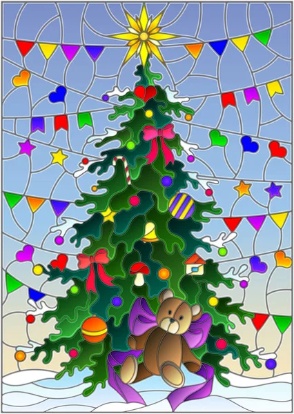 Illustration in stained glass style with a Christmas tree and a toy bear on a blue background with colorful flags — Stock Vector