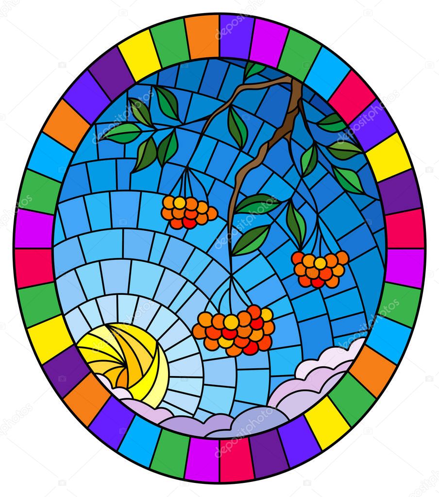 Illustration in stained glass style with a branch of mountain ash, clusters of berries and leaves against the sky with sun and clouds , oval image in bright frame