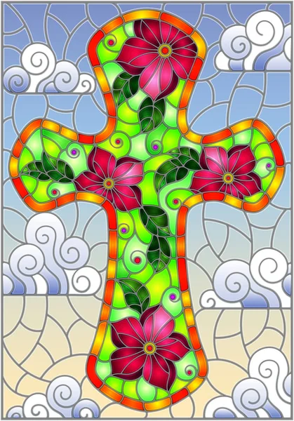 Ilustração em estilo vitral com cruz cristã decorada com flores rosa no fundo do céu azul com nuvens — Vetor de Stock